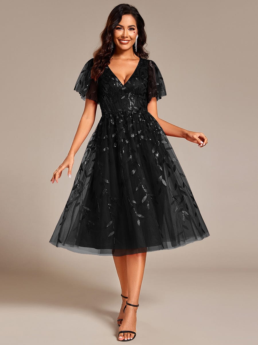 Leaf Sequin Short Sleeve Tulle Midi Wedding Guest Dress #color_Black