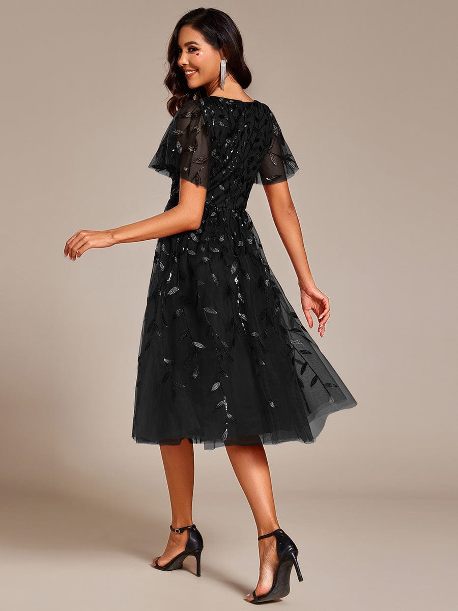 Leaf Sequin Short Sleeve Tulle Midi Wedding Guest Dress #color_Black