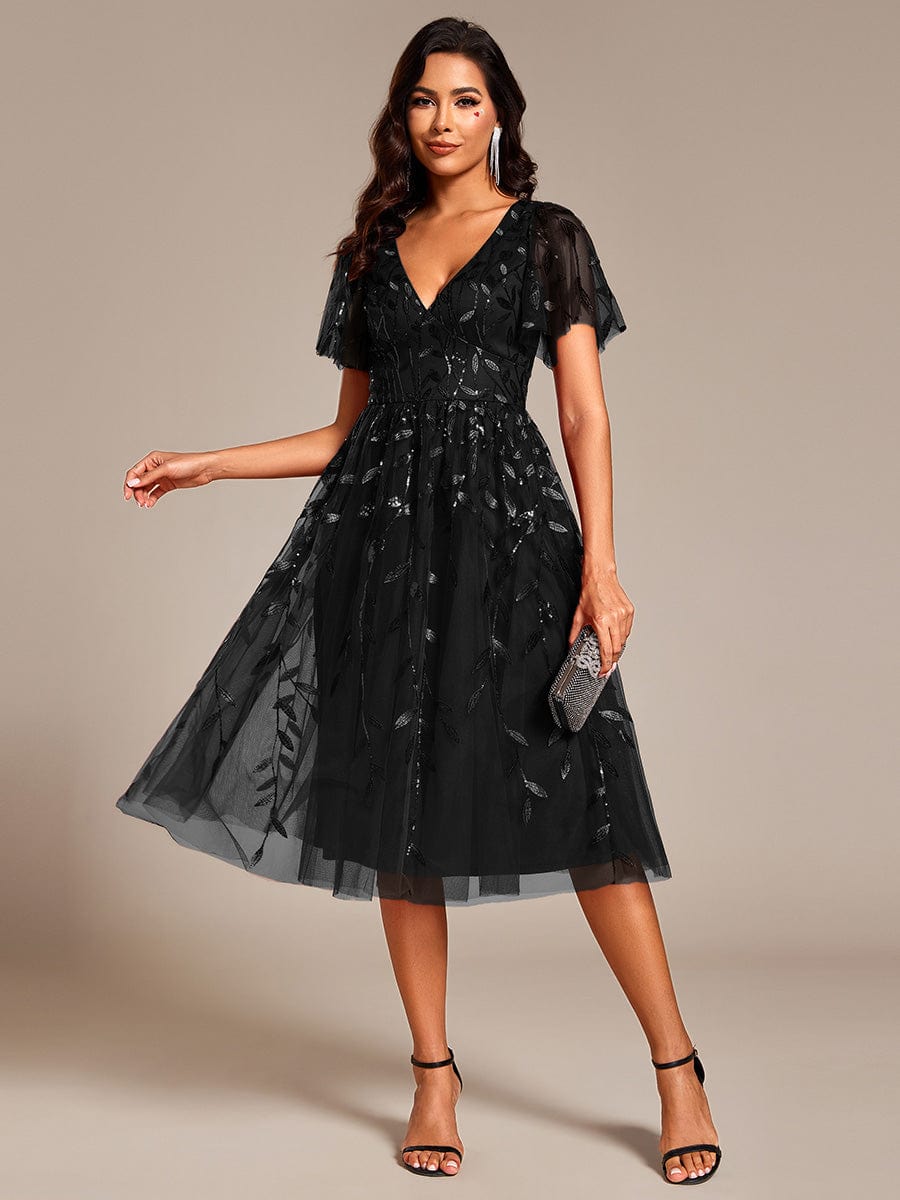 Leaf Sequin Short Sleeve Tulle Midi Wedding Guest Dress #color_Black