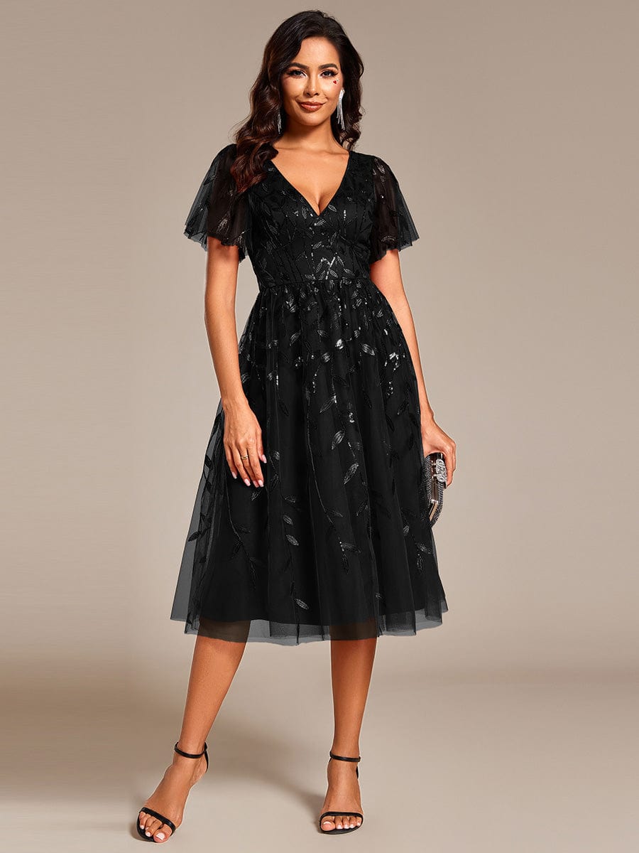 Leaf Sequin Short Sleeve Tulle Midi Wedding Guest Dress #color_Black