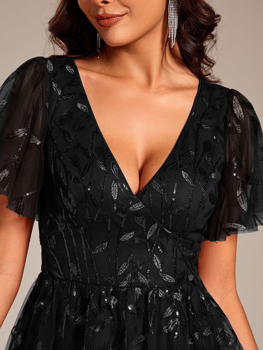 Leaf Sequin Short Sleeve Tulle Midi Wedding Guest Dress #color_Black