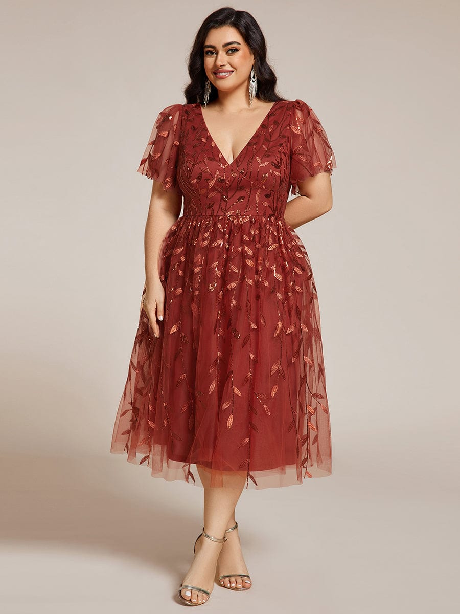 Leaf Sequin Short Sleeve Tulle Midi Wedding Guest Dress #color_Burnt Orange