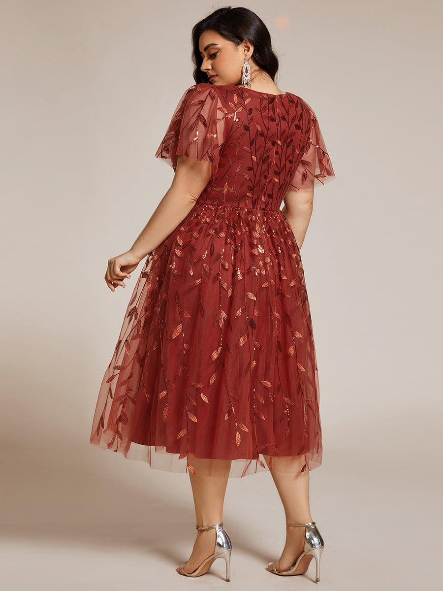 Leaf Sequin Short Sleeve Tulle Midi Wedding Guest Dress #color_Burnt Orange