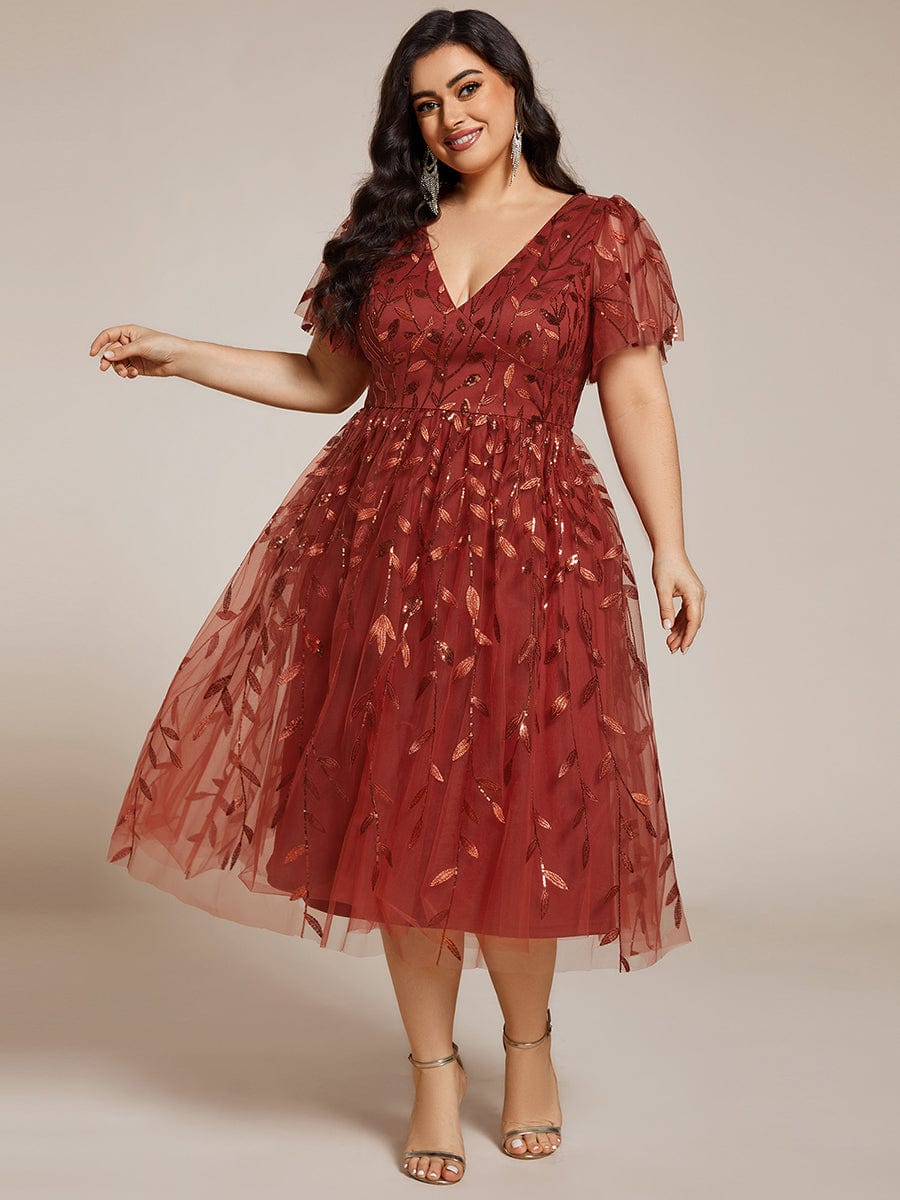 Leaf Sequin Short Sleeve Tulle Midi Wedding Guest Dress #color_Burnt Orange