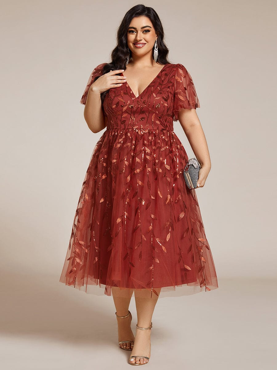 Leaf Sequin Short Sleeve Tulle Midi Wedding Guest Dress #color_Burnt Orange