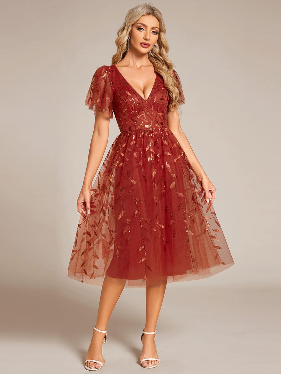 Leaf Sequin Short Sleeve Tulle Midi Wedding Guest Dress #color_Burnt Orange