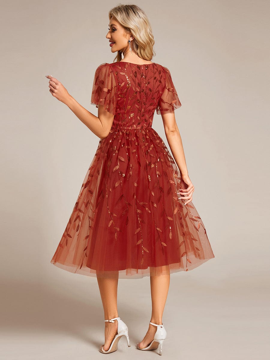 Leaf Sequin Short Sleeve Tulle Midi Wedding Guest Dress #color_Burnt Orange