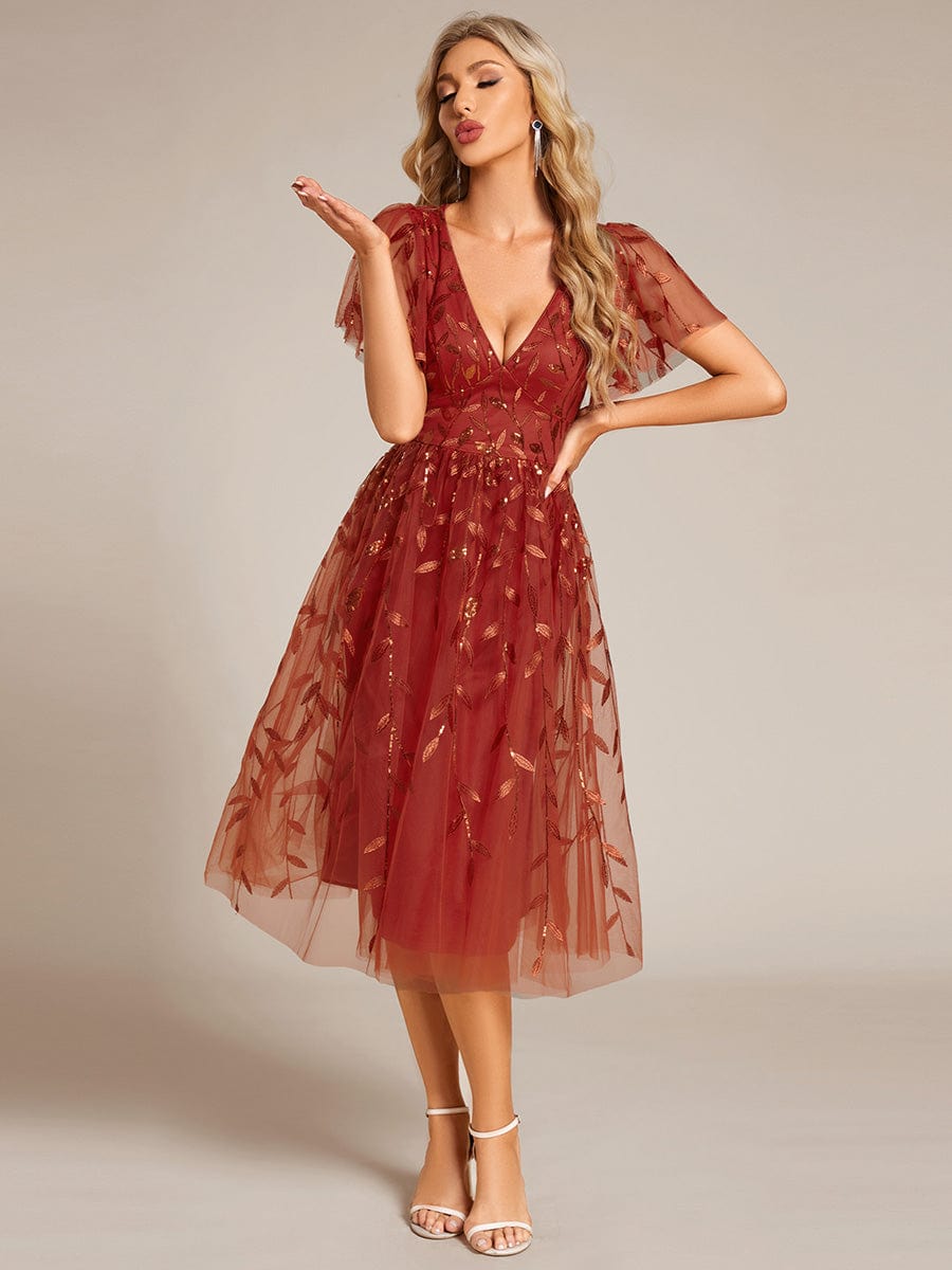 Leaf Sequin Short Sleeve Tulle Midi Wedding Guest Dress #color_Burnt Orange