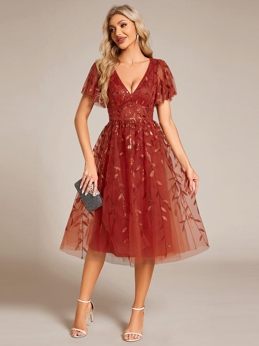 Leaf Sequin Short Sleeve Tulle Midi Wedding Guest Dress #color_Burnt Orange