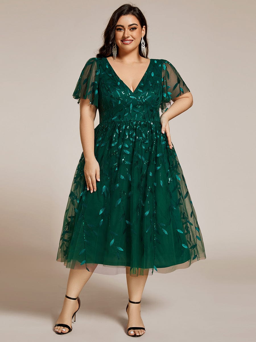 Leaf Sequin Short Sleeve Tulle Midi Wedding Guest Dress #color_Dark Green