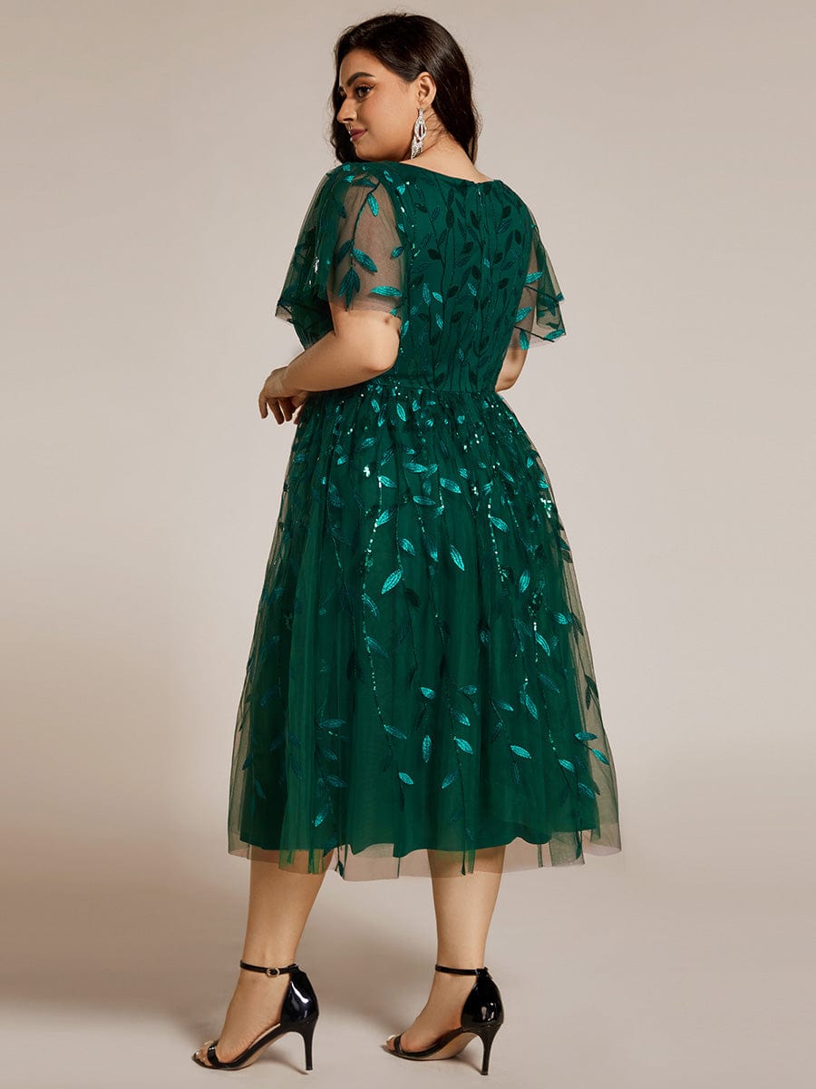 Leaf Sequin Short Sleeve Tulle Midi Wedding Guest Dress #color_Dark Green