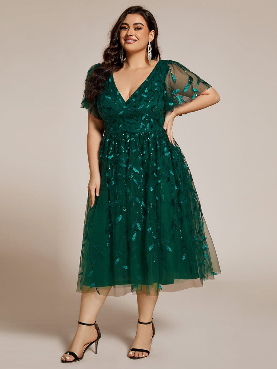 Leaf Sequin Short Sleeve Tulle Midi Wedding Guest Dress #color_Dark Green