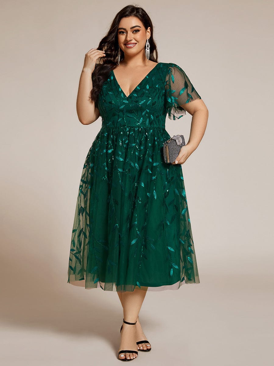 Leaf Sequin Short Sleeve Tulle Midi Wedding Guest Dress #color_Dark Green