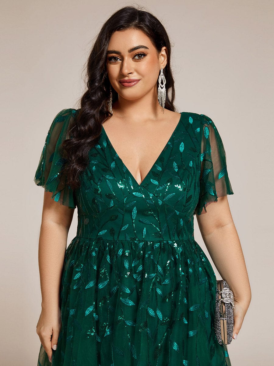 Leaf Sequin Short Sleeve Tulle Midi Wedding Guest Dress #color_Dark Green