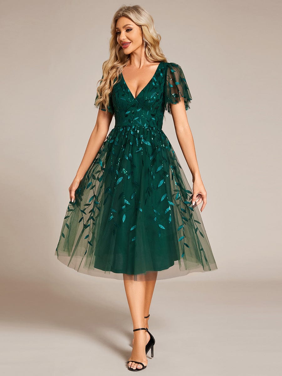 Leaf Sequin Short Sleeve Tulle Midi Wedding Guest Dress