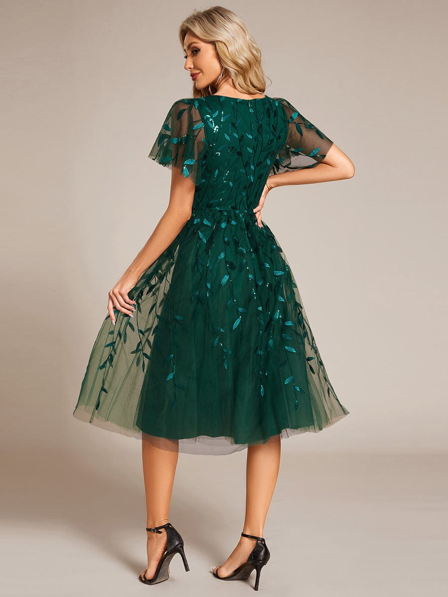 Leaf Sequin Short Sleeve Tulle Midi Wedding Guest Dress #color_Dark Green