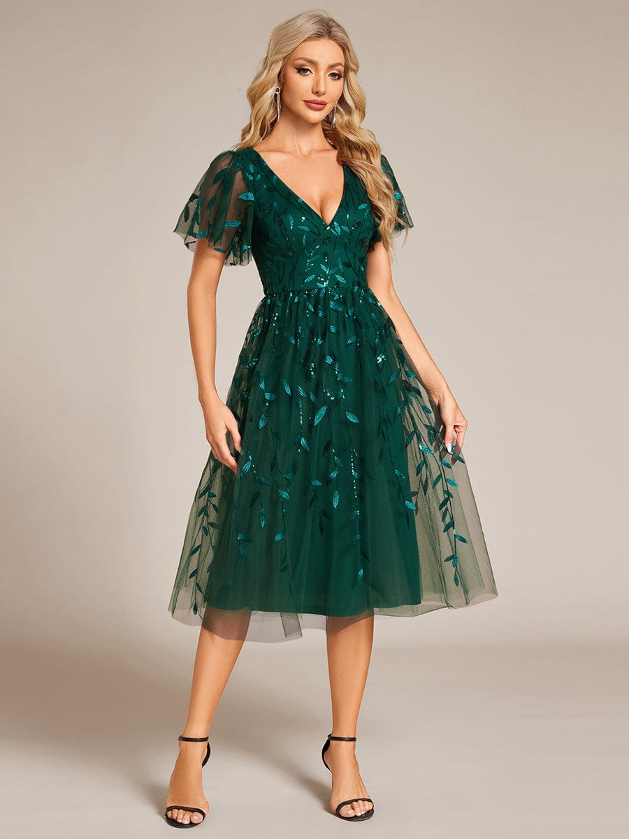 Leaf Sequin Short Sleeve Tulle Midi Wedding Guest Dress #color_Dark Green