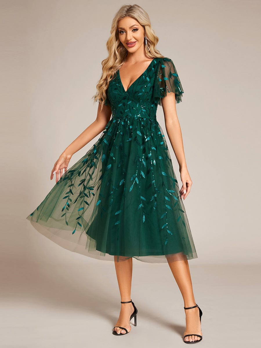 Leaf Sequin Short Sleeve Tulle Midi Wedding Guest Dress #color_Dark Green