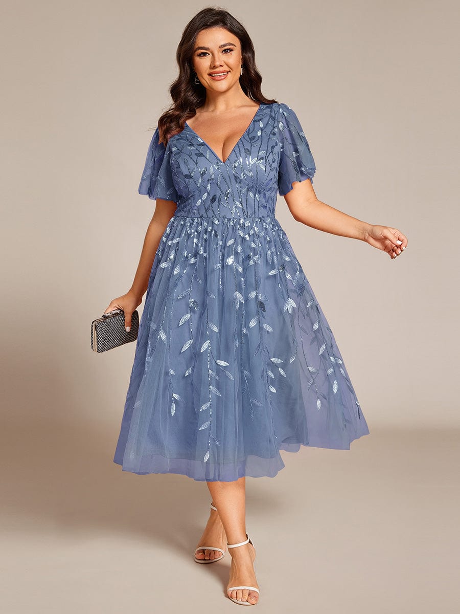 Leaf Sequin Short Sleeve Tulle Midi Wedding Guest Dress #color_Dusty Blue