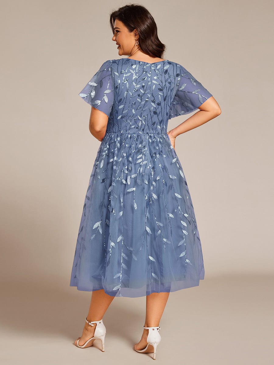 Leaf Sequin Short Sleeve Tulle Midi Wedding Guest Dress #color_Dusty Blue