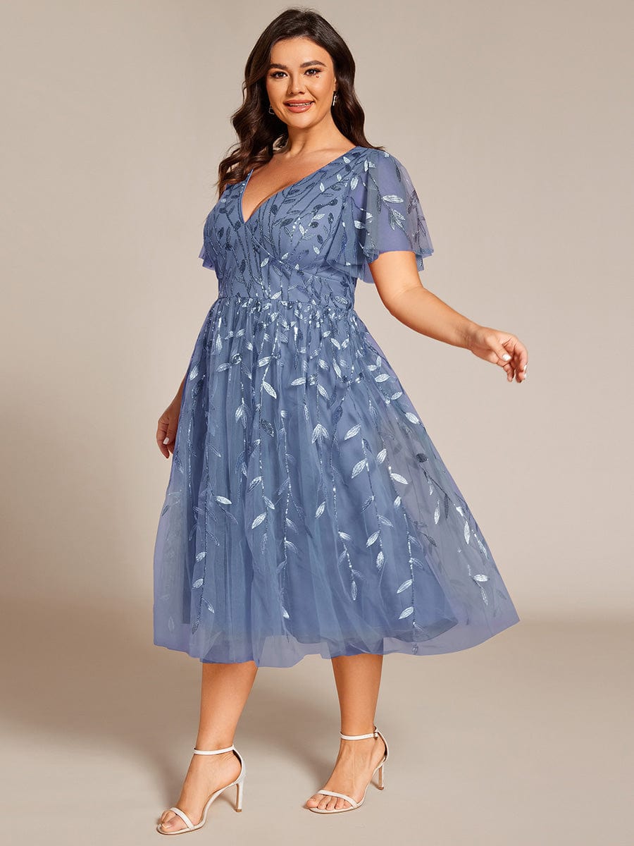 Leaf Sequin Short Sleeve Tulle Midi Wedding Guest Dress #color_Dusty Blue