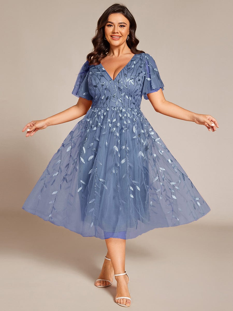 Leaf Sequin Short Sleeve Tulle Midi Wedding Guest Dress #color_Dusty Blue