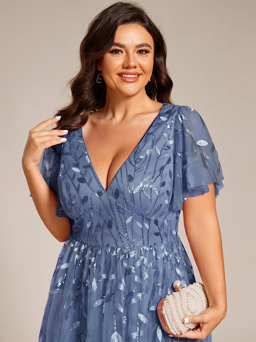 Leaf Sequin Short Sleeve Tulle Midi Wedding Guest Dress #color_Dusty Blue