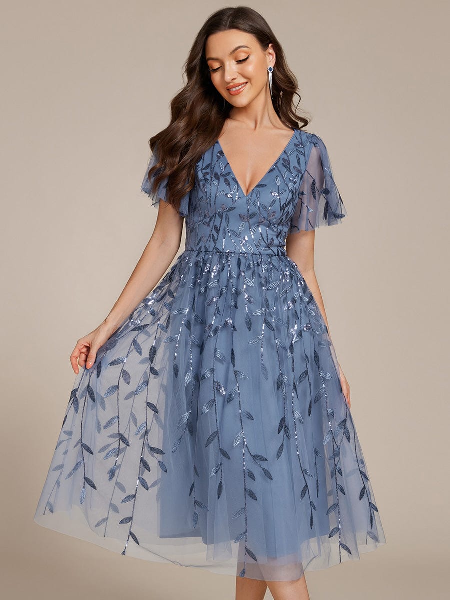 Leaf Sequin Short Sleeve Tulle Midi Wedding Guest Dress #color_Dusty Blue