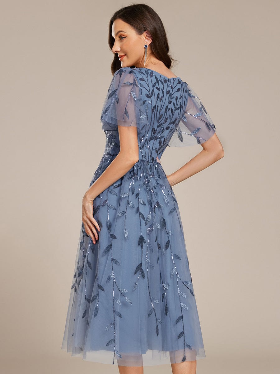 Leaf Sequin Short Sleeve Tulle Midi Wedding Guest Dress #color_Dusty Blue