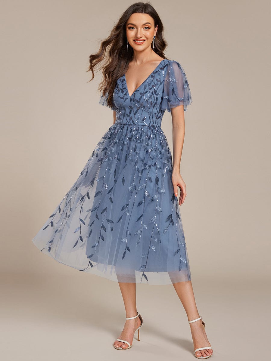 Leaf Sequin Short Sleeve Tulle Midi Wedding Guest Dress #color_Dusty Blue