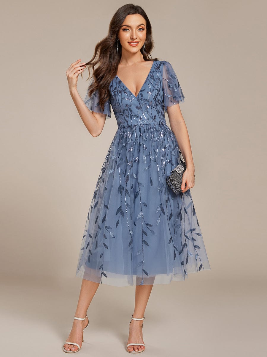 Leaf Sequin Short Sleeve Tulle Midi Wedding Guest Dress #color_Dusty Blue