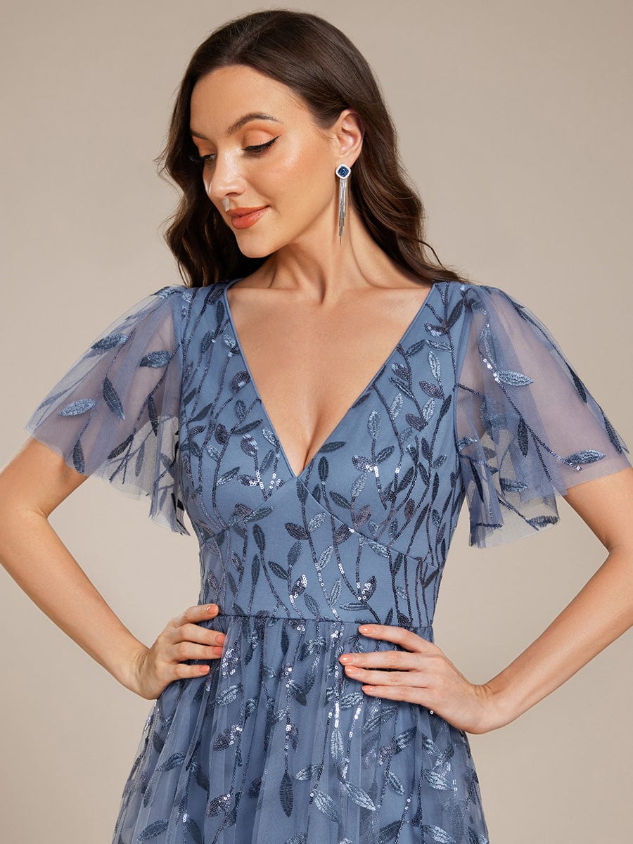 Leaf Sequin Short Sleeve Tulle Midi Wedding Guest Dress #color_Dusty Blue