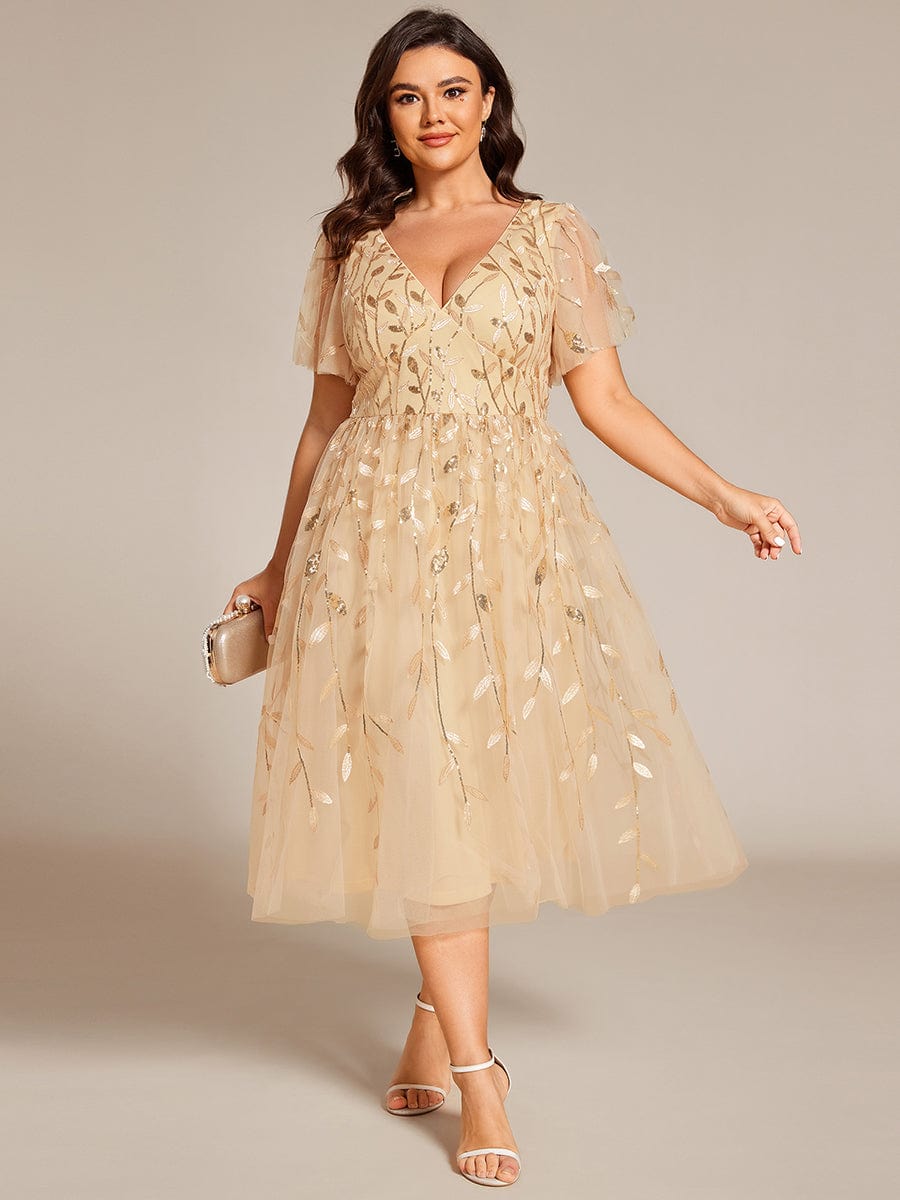 Leaf Sequin Short Sleeve Tulle Midi Wedding Guest Dress #color_Gold