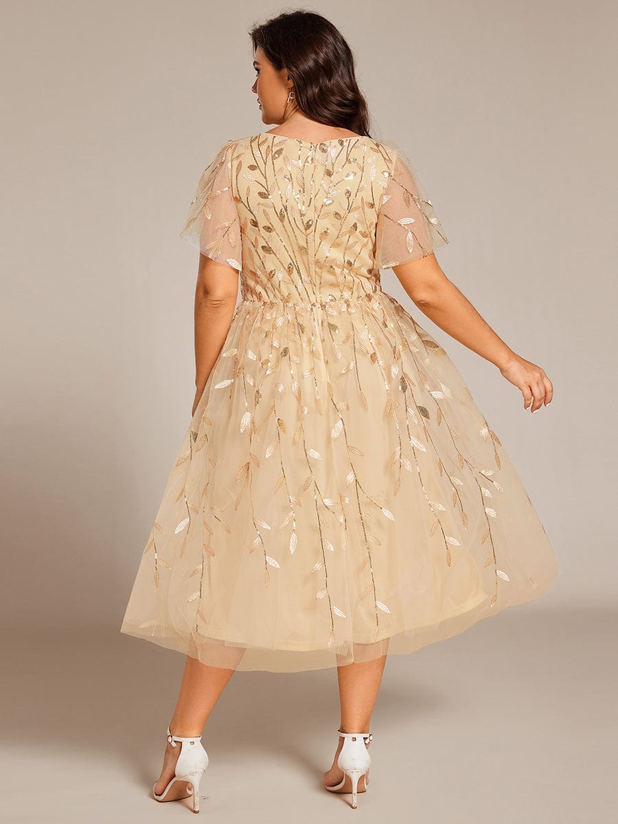 Leaf Sequin Short Sleeve Tulle Midi Wedding Guest Dress #color_Gold