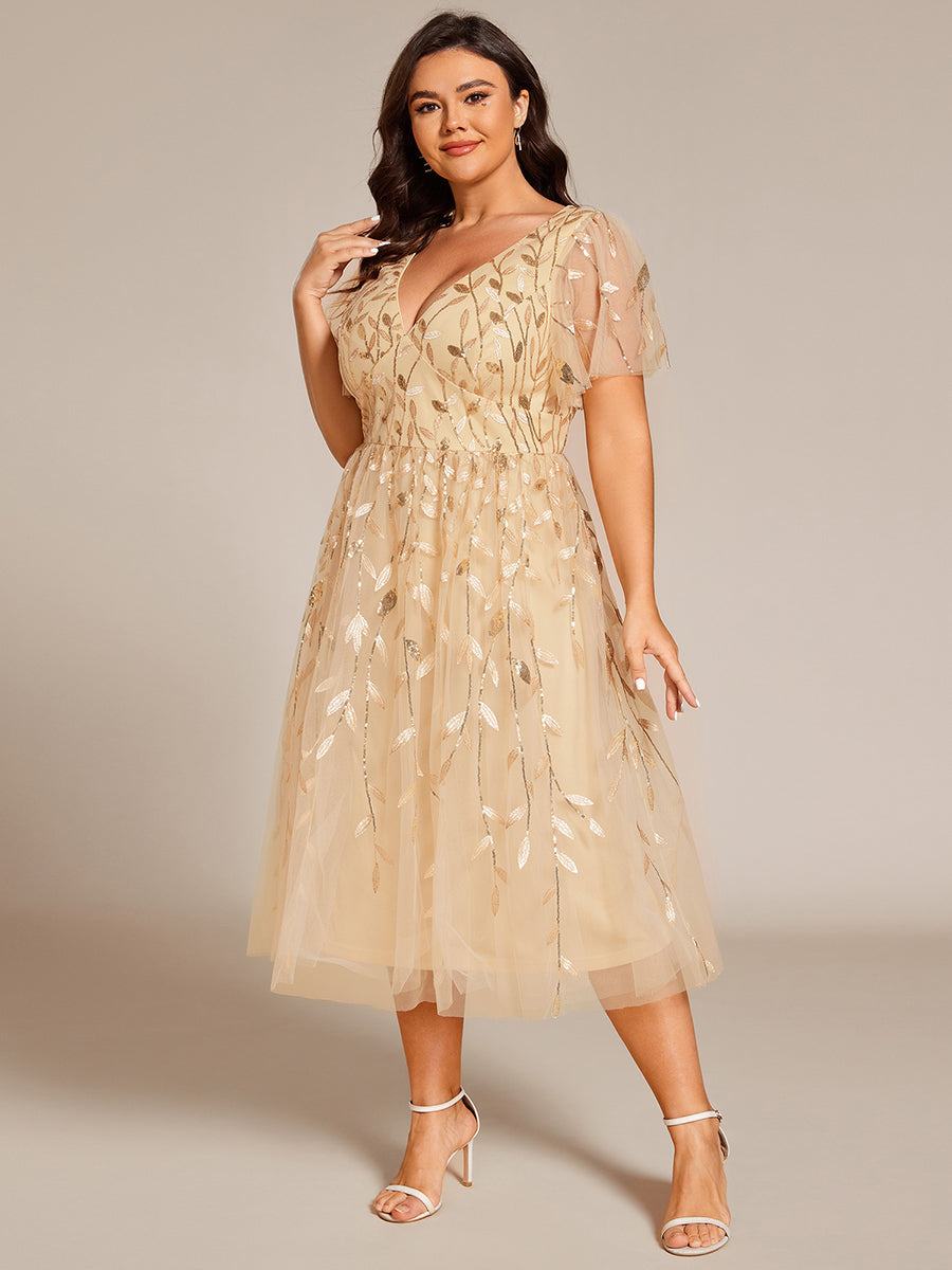 Plus SizeLeaf Sequin Short Sleeve Tulle Midi Wedding Guest Dress #color_Gold