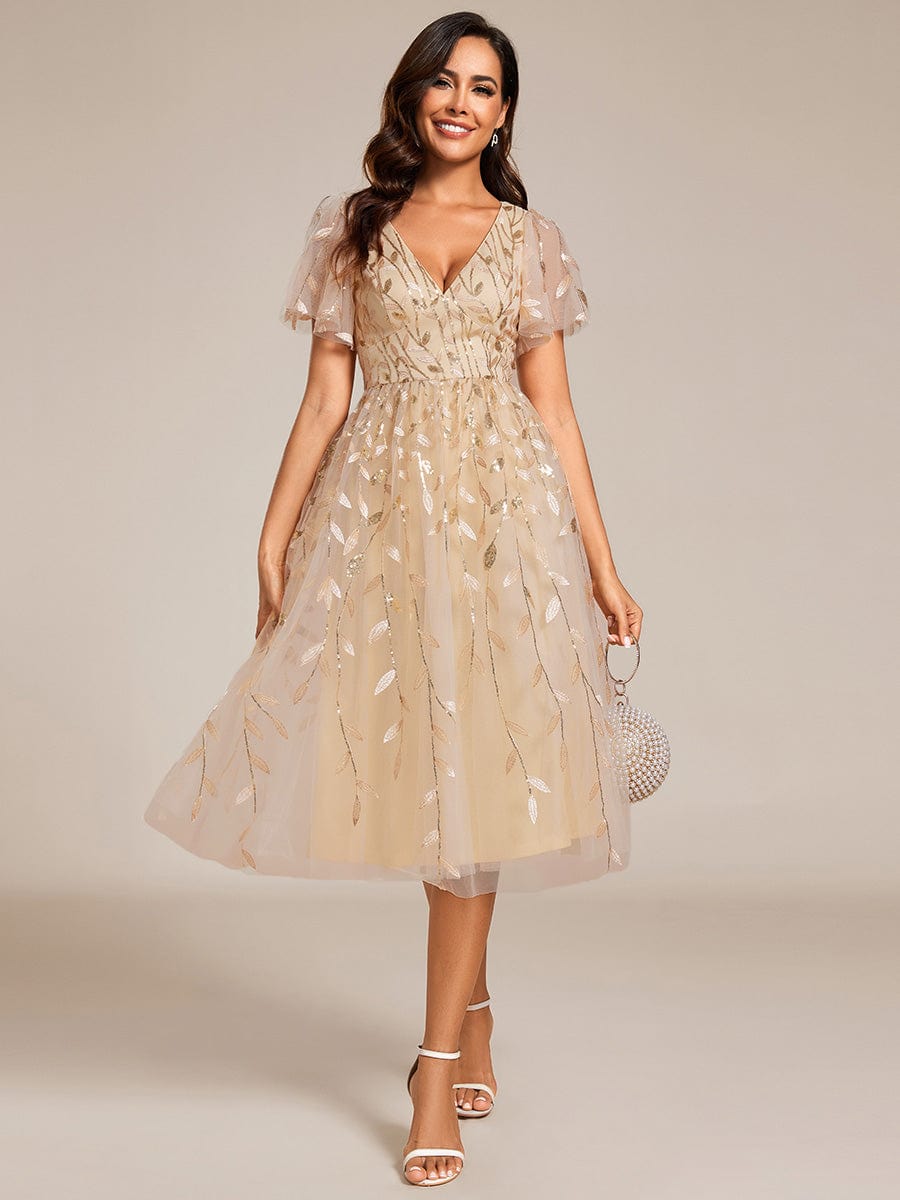 Leaf Sequin Short Sleeve Tulle Midi Wedding Guest Dress #color_Gold