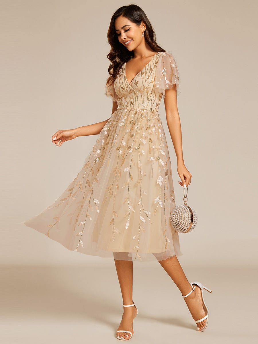 Leaf Sequin Short Sleeve Tulle Midi Wedding Guest Dress #color_Gold