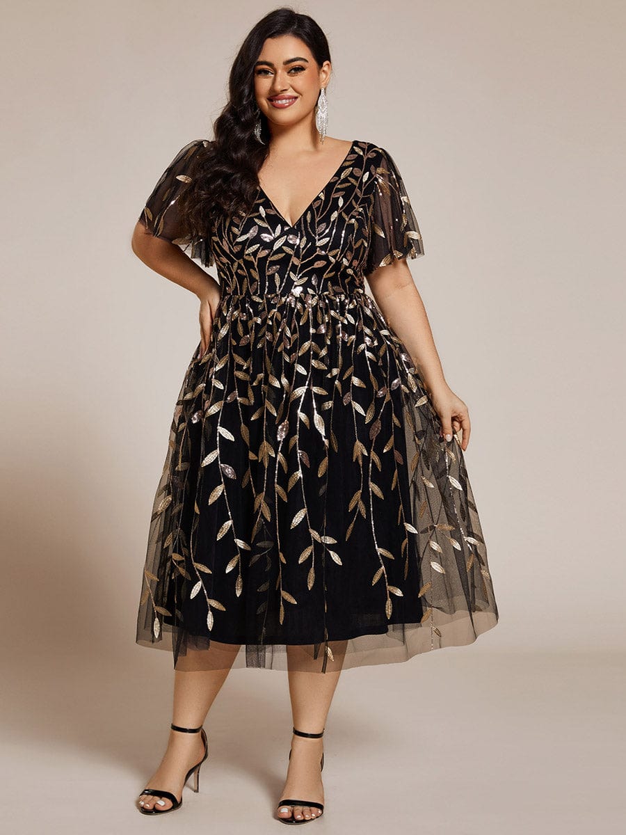 Leaf Sequin Short Sleeve Tulle Midi Wedding Guest Dress #color_Black & Gold