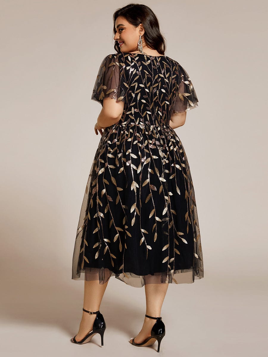 Leaf Sequin Short Sleeve Tulle Midi Wedding Guest Dress #color_Black & Gold