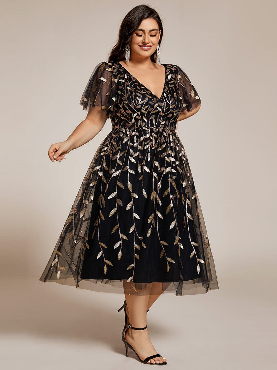 Leaf Sequin Short Sleeve Tulle Midi Wedding Guest Dress #color_Black & Gold