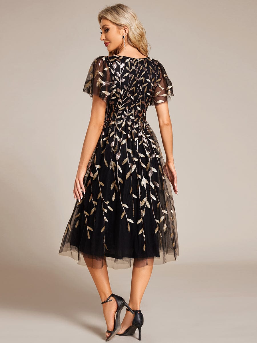 Leaf Sequin Short Sleeve Tulle Midi Wedding Guest Dress #color_Black & Gold