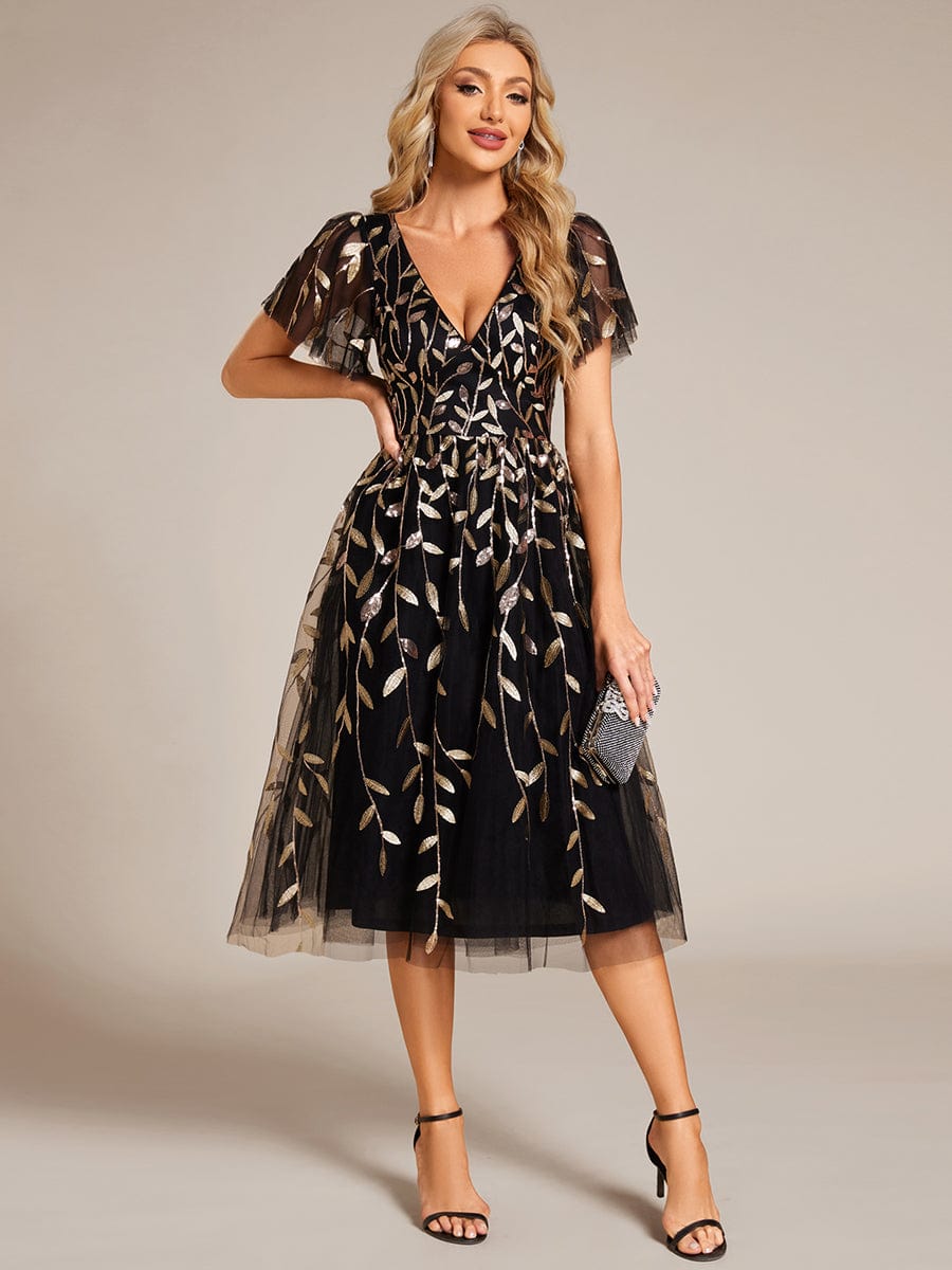 Leaf Sequin Short Sleeve Tulle Midi Wedding Guest Dress #color_Black & Gold