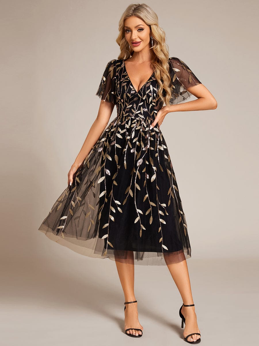 Leaf Sequin Short Sleeve Tulle Midi Wedding Guest Dress #color_Black & Gold