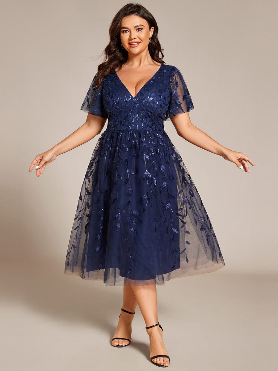 Leaf Sequin Short Sleeve Tulle Midi Wedding Guest Dress #color_Navy Blue