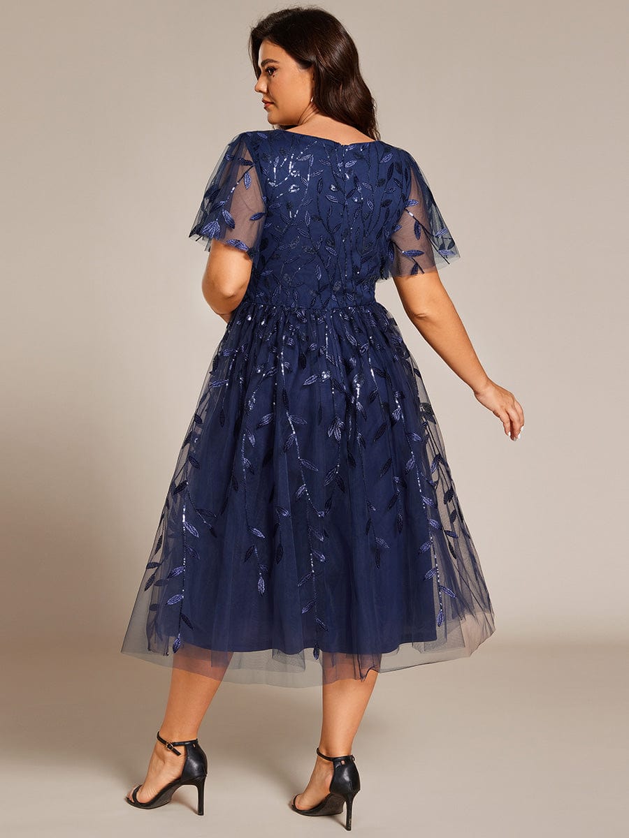 Leaf Sequin Short Sleeve Tulle Midi Wedding Guest Dress #color_Navy Blue