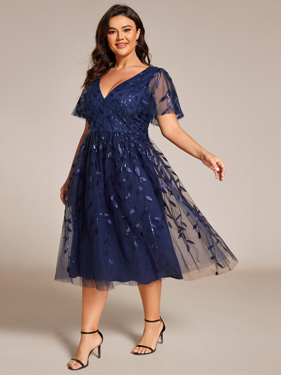 Plus SizeLeaf Sequin Short Sleeve Tulle Midi Wedding Guest Dress #color_Navy Blue