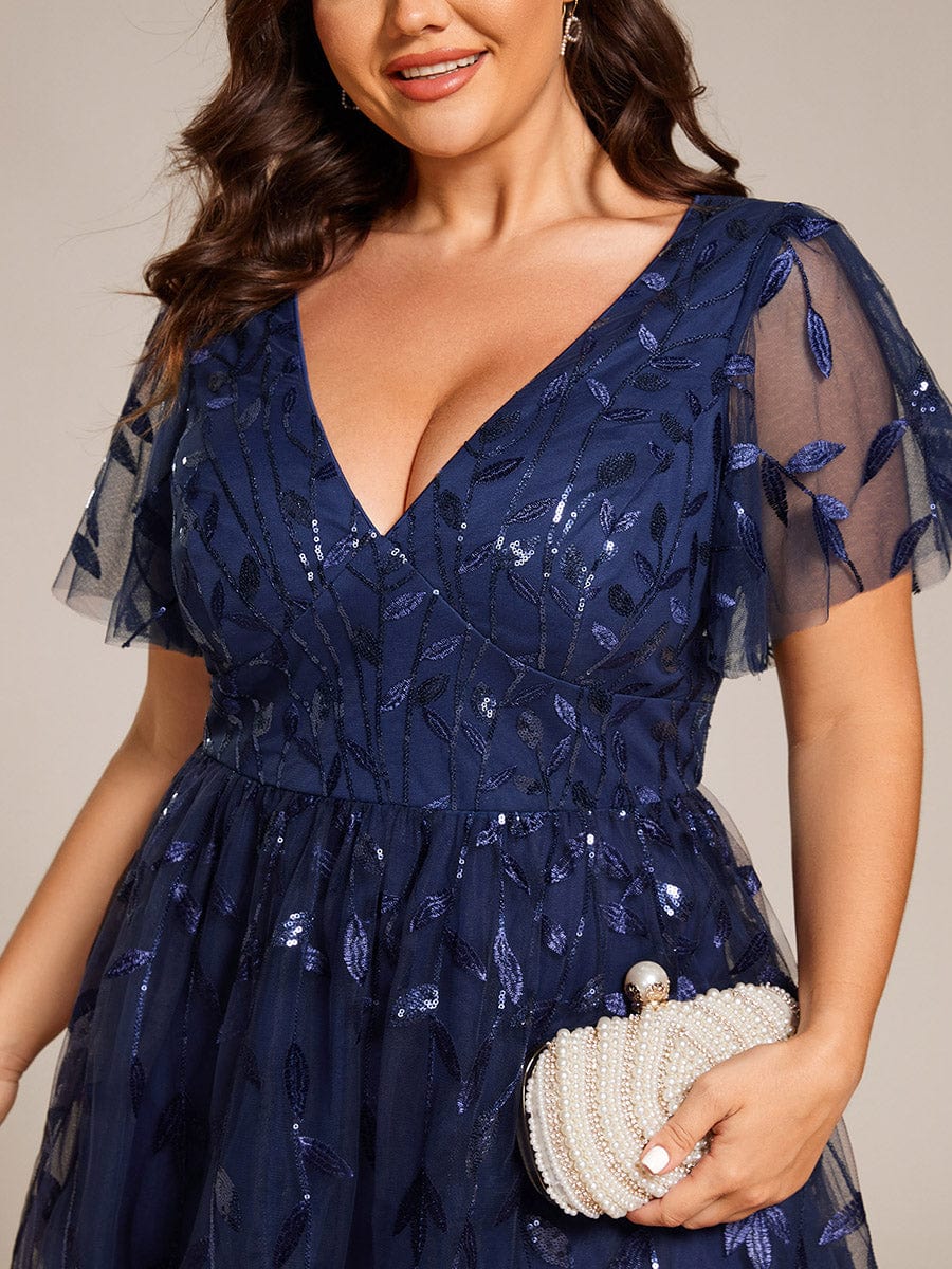 Leaf Sequin Short Sleeve Tulle Midi Wedding Guest Dress #color_Navy Blue