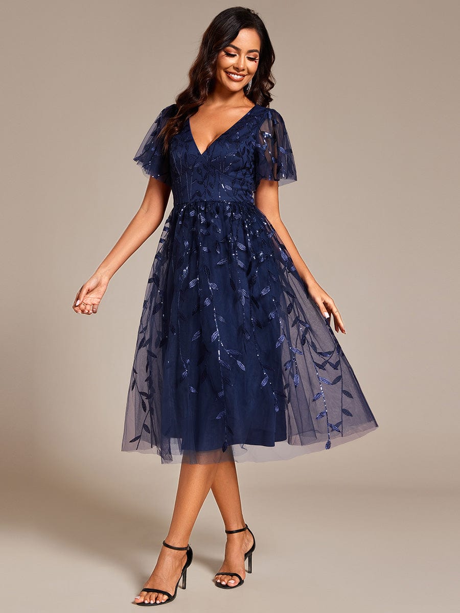 Leaf Sequin Short Sleeve Tulle Midi Wedding Guest Dress #color_Navy Blue