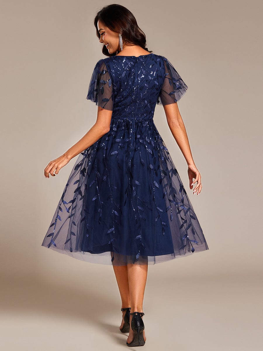 Leaf Sequin Short Sleeve Tulle Midi Wedding Guest Dress #color_Navy Blue