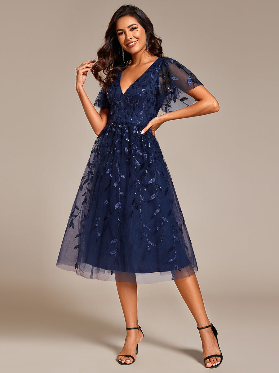 Leaf Sequin Short Sleeve Tulle Midi Wedding Guest Dress #color_Navy Blue